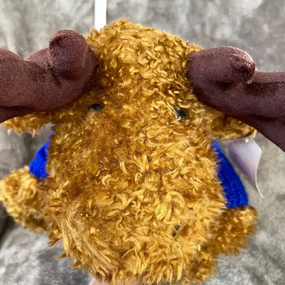 Vintage Reindeer Plush Moose Brown Curly Hair Blue Sweater 15” HugFun Toy TAGS